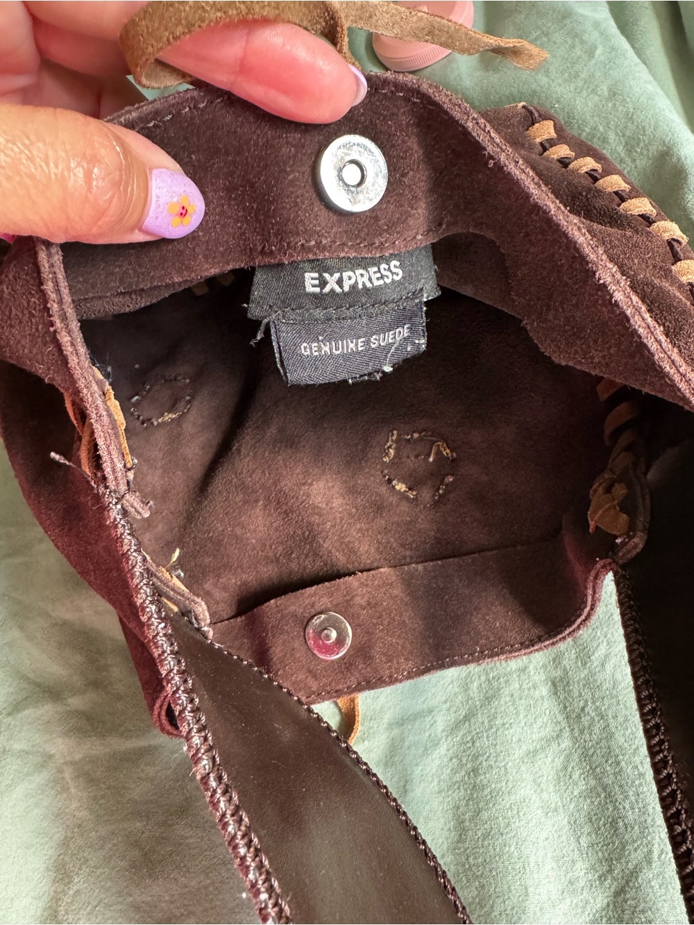 ⁠Y2K Express Brown Genuine Suede Leather Whipstitch Floral Flower Hobo Bag - Picture 9 of 11
